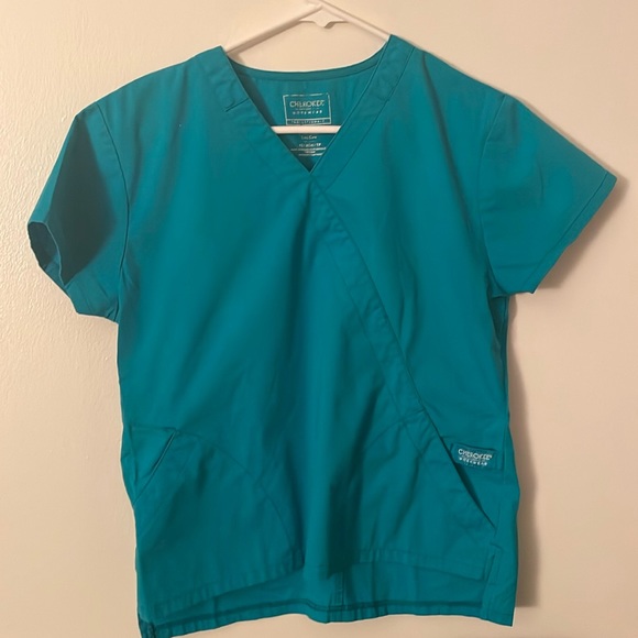 Cherokee Scrub top Mock Wrap Top (Teal Blue, X-Small) - Picture 2 of 5